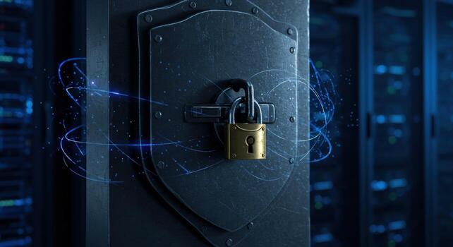 Server data protection with padlock and shield in cybersecurity concept photo