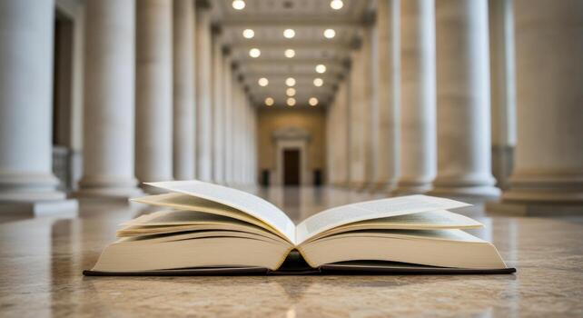 Open book in hallway of columns knowledge and learning concept photo