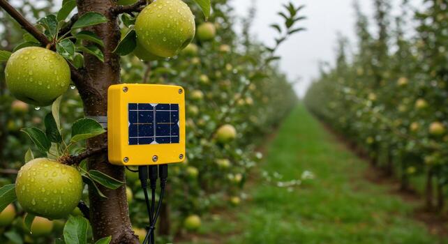 Orchard automation system with apple tree monitoring and solar panel technology photo