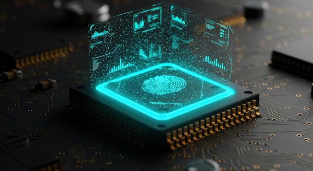 Microchip security technology with digital fingerprint and glowing interface photo