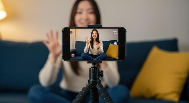 Woman recording with mobile phone on tripod for online content creation photo