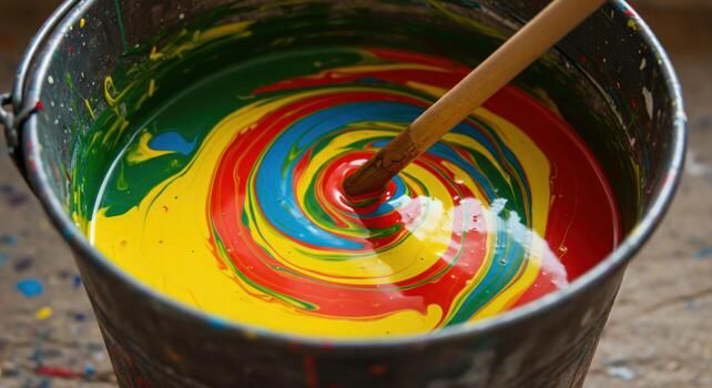 Mixing vibrant colors in a bucket with stick creating swirling patterns photo