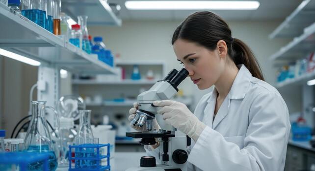 Female scientist using microscope in laboratory setting photo
