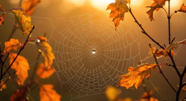 Autumnal spiderweb with dew drops among colorful leaves in sunlight photo