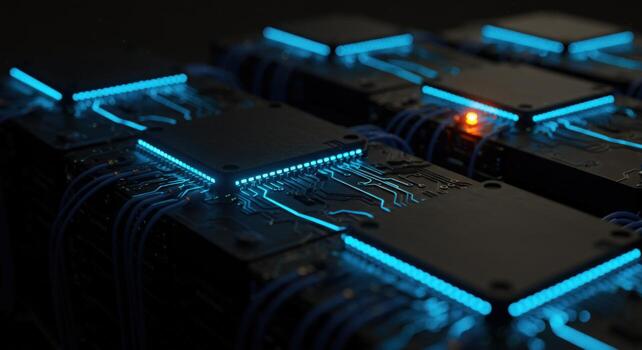 Advanced computer processor technology with glowing blue circuitry photo