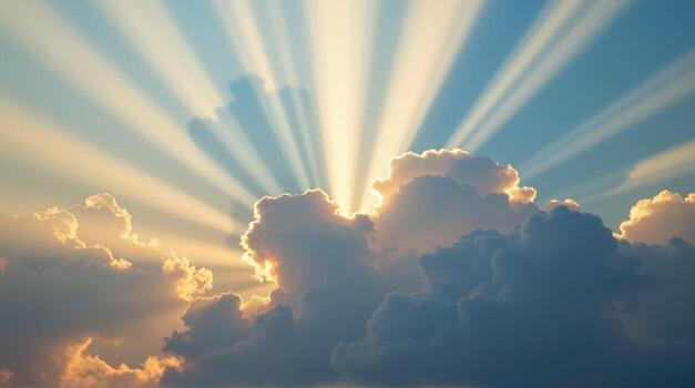 A dramatic close-up of radiant light rays streaming through an abstract formation of wispy clouds creates a visually arresting display, each beam exuding warmth and peace, while invoking a photo