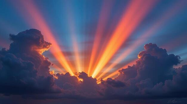 In an expansive twilight canvas, vibrant streams of light interweave amongst dark, billowing clouds, theatrically illuminating the sky as they pulse with energy, invoking a sense of hope and photo