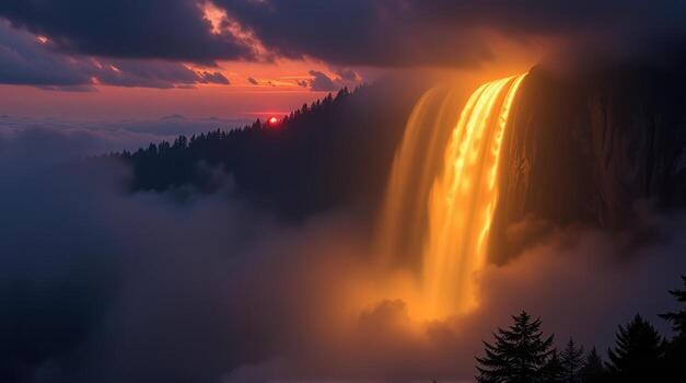 como noche comienza a descender, ejes de ligero surgir inesperadamente desde un oculto fuente, cascada mediante el crepúsculo niebla con encantador brillantez, creando afilado, negrita contrastes ese evocar foto