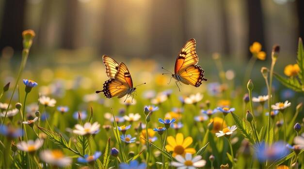Drenched in a golden hue, a wild meadow brims with life, vibrant forget-me-nots creating a stunning carpet, while two butterflies engage in a delicate duet, their exquisite movements tracing photo