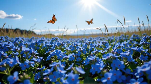 Transitioning from a bird's-eye perspective, the rich tapestry of blue forget-me-nots blooms beneath a clear azure sky, with two butterflies spiraling upwards in a playful ballet, casting photo
