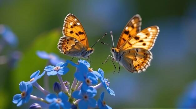 Through the lens, a macro view highlights the brilliant blue of forget-me-nots, with droplets catching glimmers of sunlight, while two butterflies perform a delicate duet, their movements photo