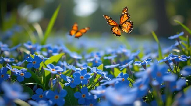 From an unusual angle, the ground level perspective captures the vibrant blue forget-me-nots up close, while above, two butterflies glide gracefully, their intricate patterns catching the photo