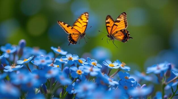 In a dynamic close-up, the camera immerses in the vivid blue petals of forget-me-nots, revealing the minutiae of life, while two butterflies flutter in a synchronized dance, embodying the photo