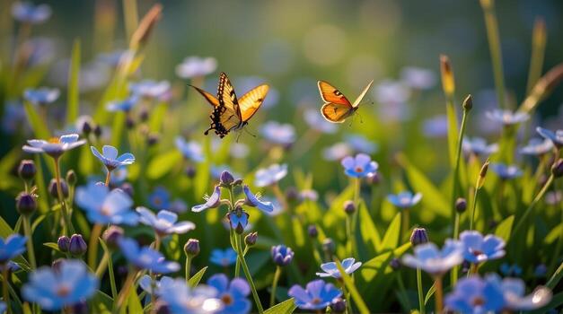 Emerging from a close-up of dew-kissed forget-me-nots, the lens gradually pulls back to reveal a sprawling wild meadow, where two butterflies engage in a whimsical aerial ballet, illuminated photo