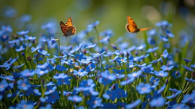From an abstract perspective close to the flowers, the intertwined blue forget-me-nots create a textured landscape, while two butterflies flutter above, their elegant movements weaving photo