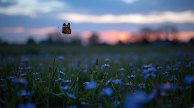 The camera tracks horizontally across a lush meadow at dusk, revealing the serene beauty of forget-me-nots illuminated by the fading light, as two butterflies glide leisurely, their graceful photo