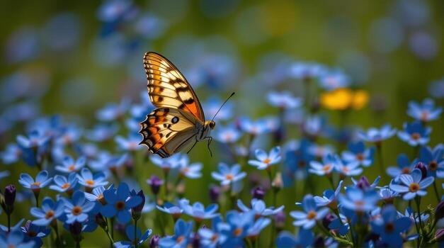 A dramatic close-up captures the intricate patterns on a butterfly's wings as it flutters low over a meadow dense with blue forget-me-nots, the shadows of the flowers stretching out in photo