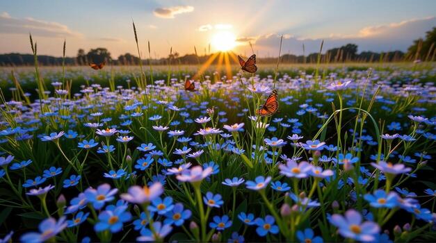 A time-lapse sequence unveils a breathtaking meadow of forget-me-nots, vibrant and alive, as the sun arcs across the sky, creating a rhythmic play of light and shadow, while butterflies weave photo