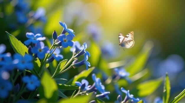 Nestled among the lush greenery, a close-up shot reveals the intricate details of blue forget-me-nots swaying gracefully, while two ethereal butterflies emerge from the depths of the frame, photo