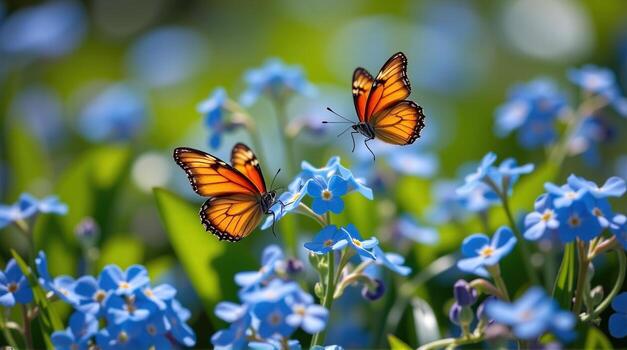 A dynamic close-up shot captures the vivid hues of blue forget-me-nots illuminated by dappled sunlight, as two butterflies spiral through the frame, their movements echoing the rhythm of photo