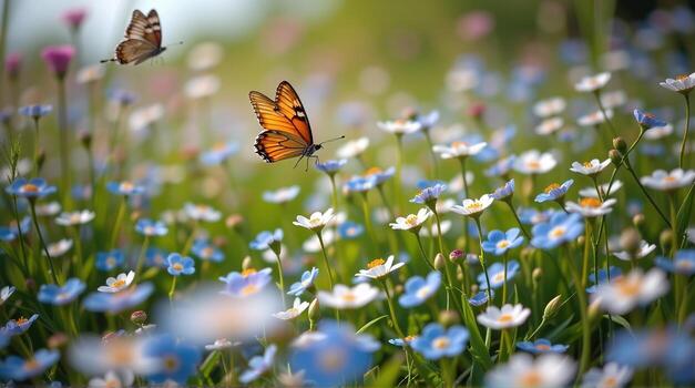 A dynamic low-angle view immerses the scene in the rich textures of a blossoming meadow filled with forget-me-nots, as two butterflies swoop and circle above, their graceful movements photo