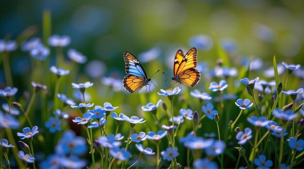 A dynamic, rotating shot captures a lush expanse of forget-me-nots, their blue petals catching the light, while two butterflies intertwine in mid-air, their delicate wings creating a symphony photo