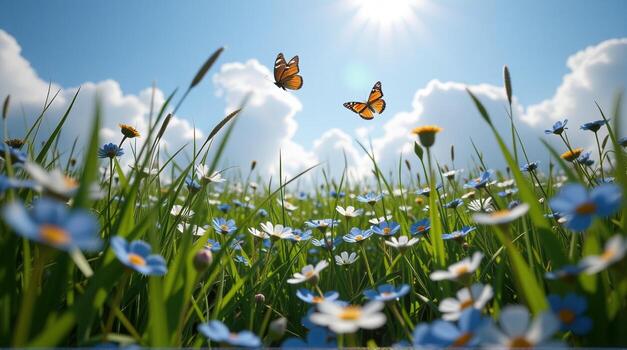 The camera dives into the heart of the meadow, swirling through clouds of forget-me-nots kissed by sunlight, while the fluttering dance of two butterflies above contrasts the surrounding photo