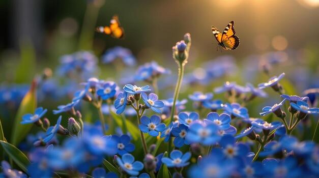 From an intimate low angle, a close-up of dew-kissed blue forget-me-nots reveals intricate petals sparkling in the morning light, while gentle breezes stir the flowers, and two butterflies photo