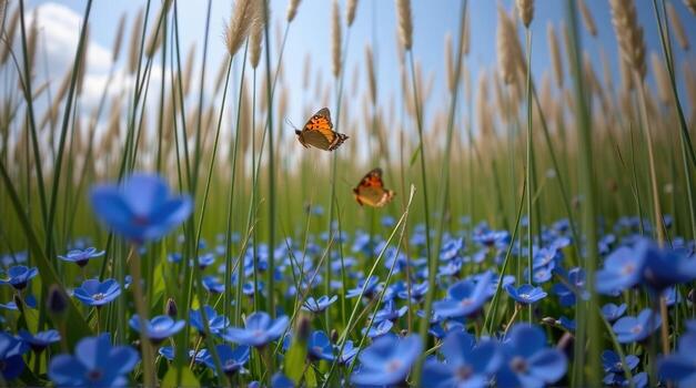 A dramatic low-angle shot portrays the magnificence of towering grasses surrounding a sea of blue forget-me-nots, as two butterflies flutter into view, their gentle ballet infusing the photo