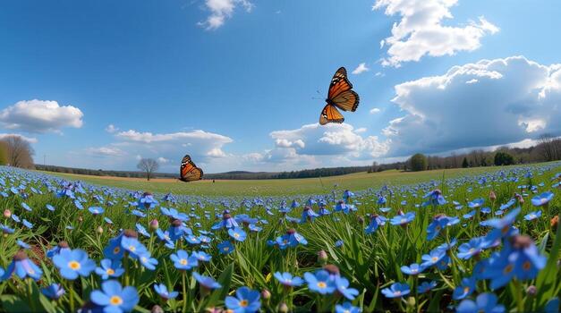 Against a backdrop of expansive skies, a wide-angle panorama reveals a breathtaking meadow alive with blue forget-me-nots, as two butterflies float effortlessly, embodying a serene dance photo