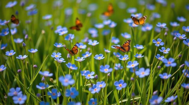 As the camera swoops in from above, a kaleidoscope of forget-me-nots sways rhythmically in the sunlight, their vivid blue contrasting with the emerald grass, while delicate butterflies photo