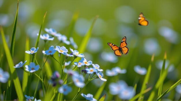 From a close-up perspective, the intricate details of forget-me-nots unfurl, showcasing their unique textures amid a backdrop of sheer green grass, as ethereal butterflies glide in slow photo