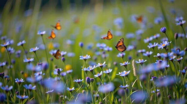 With a rotated perspective, the camera zooms through the meadow, weaving between clusters of blue flowers, as butterflies glide into view, their gentle flight punctuated by bursts of light, photo