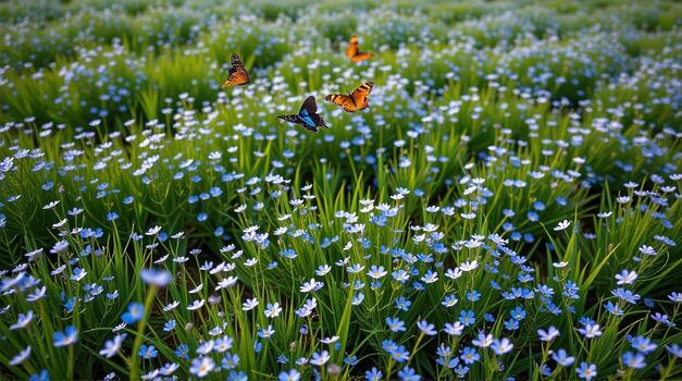 Positioned at a bird's-eye view, the camera captures the entire expanse of the meadow filled with blue forget-me-nots, while dancing butterflies create a visual symphony, their trajectories photo