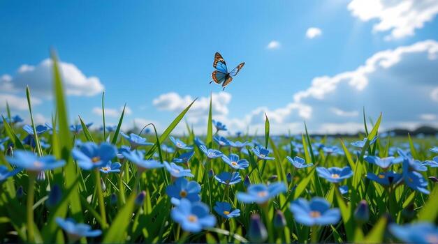 Beneath a sprawling azure sky, a close-up shot unveils the intricate texture of blue forget-me-nots swaying gently, while two ethereal butterflies dance above, casting fleeting shadows that photo