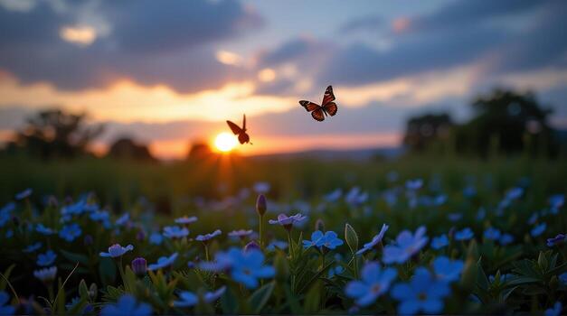 As dusk approaches, a wide shot reveals a serene meadow sprinkled with clusters of blue forget-me-nots, while two butterflies pirouette gracefully against the backdrop of a fading light, photo