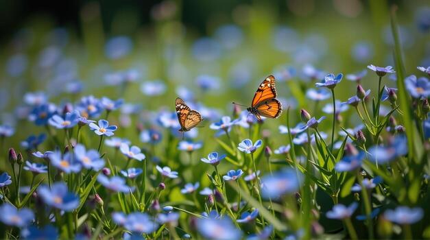 In a tilted frame, the camera captures a captivating spiral through the meadow thick with blue forget-me-nots, where two butterflies flurry around in a whimsical dance, eliciting feelings of photo
