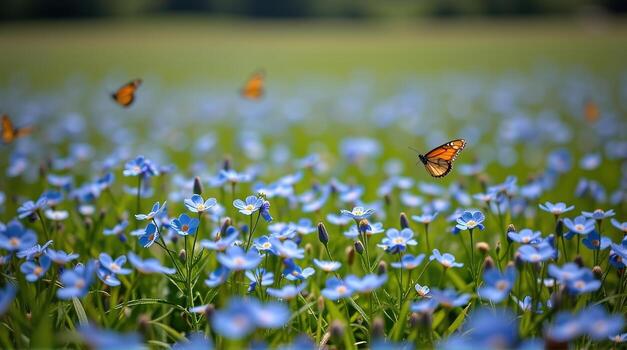 Zooming in from an expansive panorama, the camera reveals a field alive with blue forget-me-nots, their gentle sway captivating attention, while butterflies weave intricate patterns in the photo