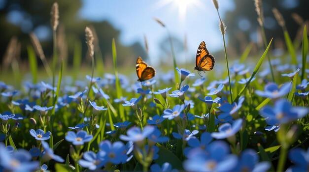 A dynamic low-angle shot of a sun-drenched meadow reveals the azure forget-me-nots swaying gently in the breeze, as two butterflies delicately navigate the floral expanse, casting fleeting photo