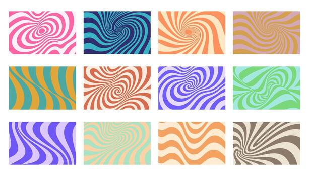 Set of colorful trippy wavy backgrounds with retro psychedelic swirl and optical illusion style. Groovy 70s inspired Y2K aesthetic design. vector