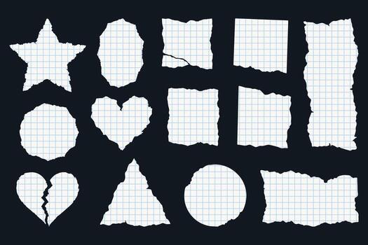 Set of torn graph paper scraps on dark background. Ripped notebook pieces in geometric shapes for collage, craft, and digital scrapbooking. vector