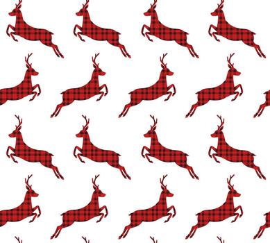 Seamless pattern of deer silhouette with red Scottish tartan checkered plaid texture isolated on white background vector