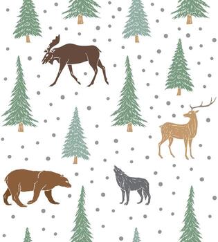 Seamless pattern of hand drawn doodle sketch forest animals and spruce trees on white background vector