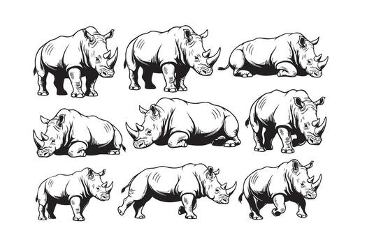 illustrations of rhinos in various poses standing, running, resting, emphasizing their strong, thick build and horns. wild animals. vector