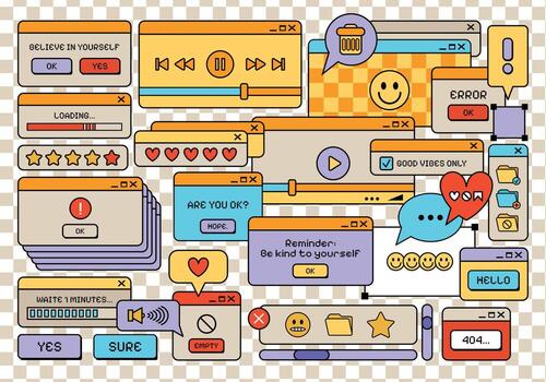 Retro style Y2K UI and UX windows elements flat set. Retro flat frames and computer game elements. Nostalgic style of 80s, 90s. Cartoon Old computer screen. Retro windows Vaporwave. vector