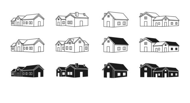 Collection of House Icons Line Art and Silhouette Styles for Real Estate, Architecture, and Design Projects, Featuring Single and Multiple House Arrangements vector