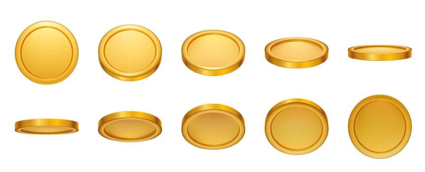 3d realistic empty gold coin rotating set vector