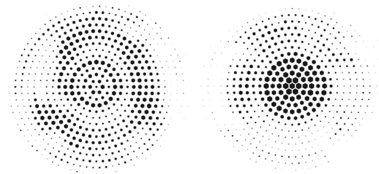 Abstract patterned oval shapes with concentric circles of dots creating a sense of depth and movement vector