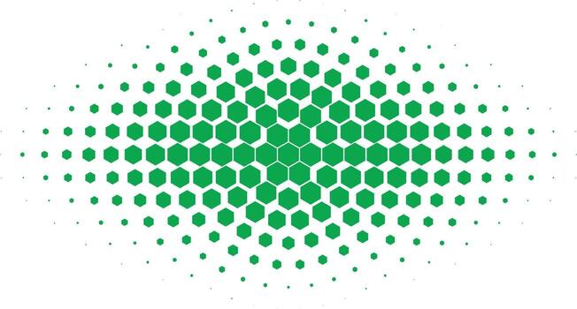 Abstract green hexagonal halftone pattern expanding outward from a central point vector
