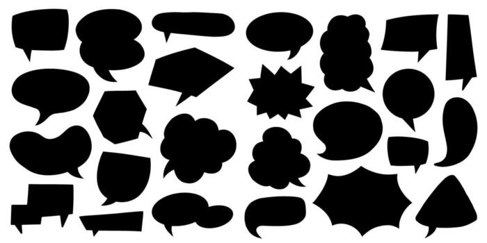 Minimalist black comic balloon shapes. A simple set of speech and thought bubble silhouettes for creating logos, icons, or text frames. vector
